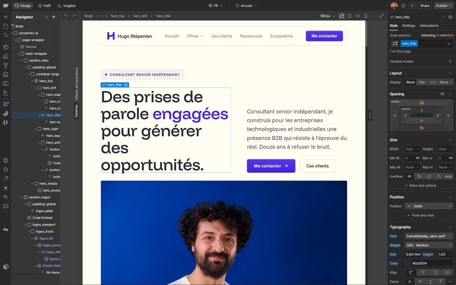 Interface Webflow, avec le navigateur de structure à gauche et les réglages de style à droite.