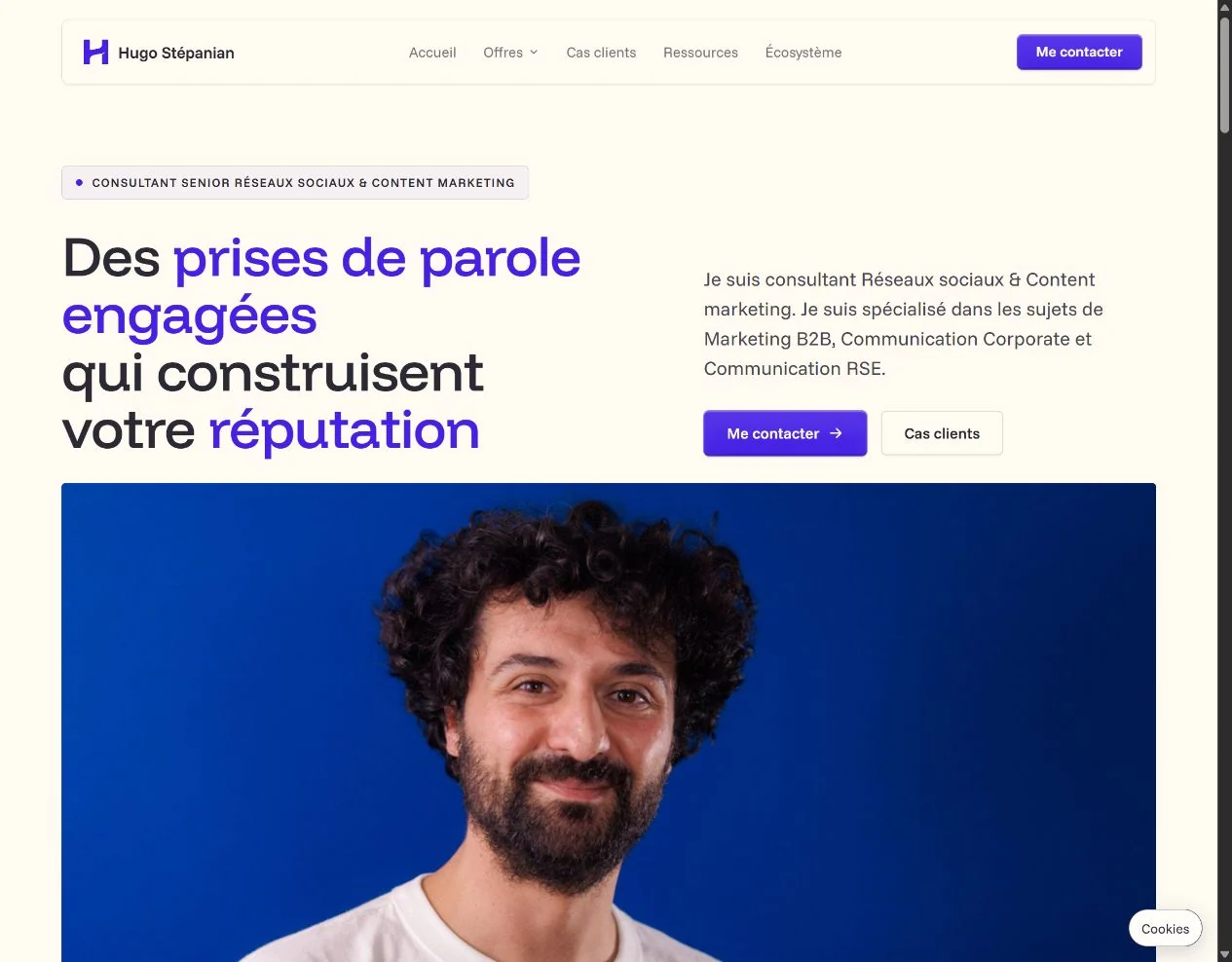 Capture réelle de l’accueil du site Hugo Stépanian sur ordinateur.