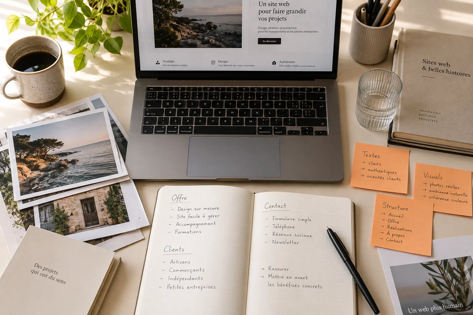Documents, notes et photographies réunis pour préparer le contenu d’un site. Visuel généré par IA.