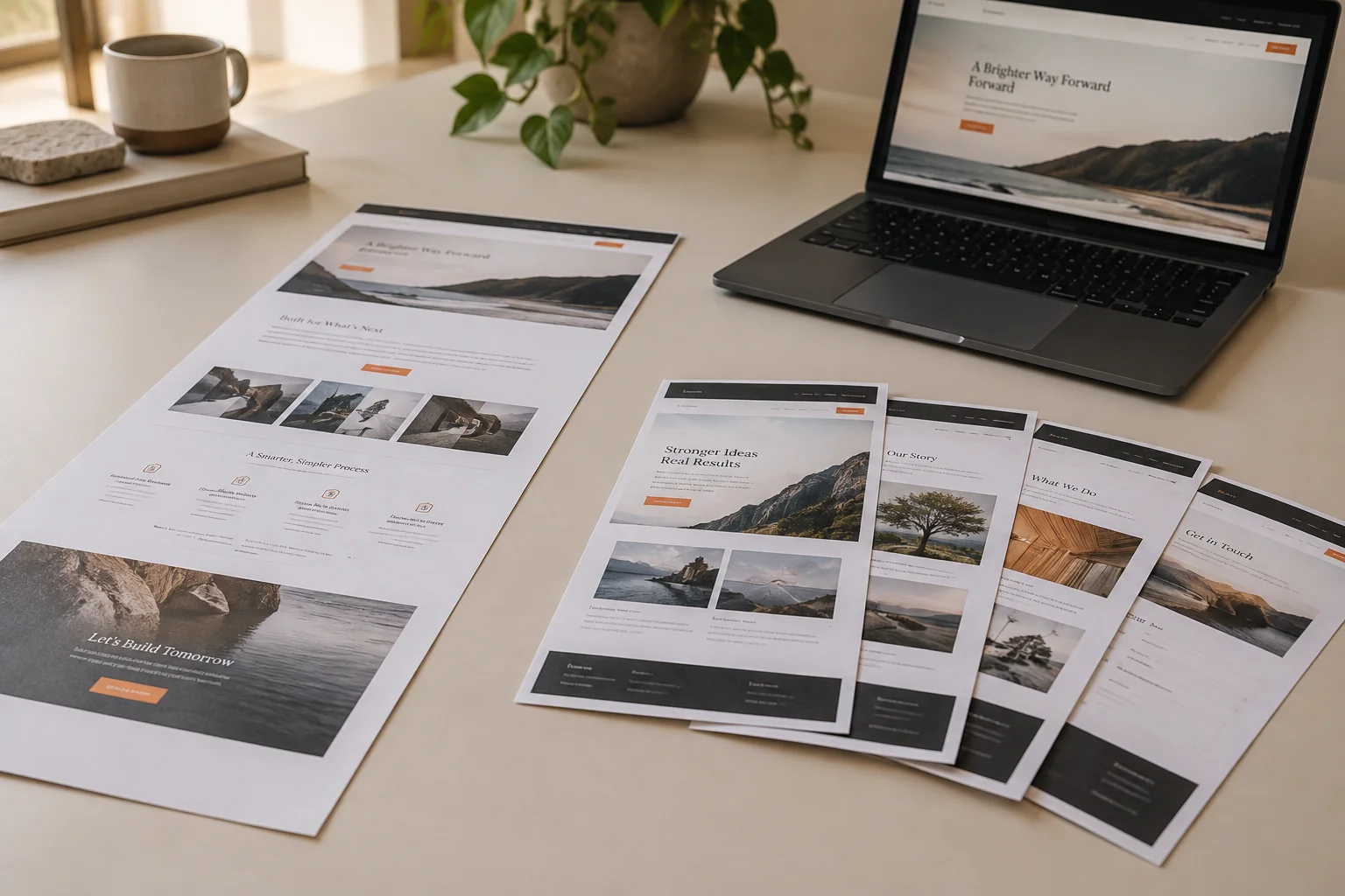 Une page longue et plusieurs pages imprimées pour comparer les deux formats de site. Visuel généré par IA.