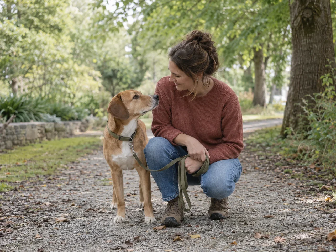 Illustration d’une éducatrice canine et d’un chien dans un parc.